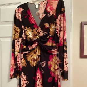 Multi color long sleeve midi faux wrap dress. Flattering and comfortable!!